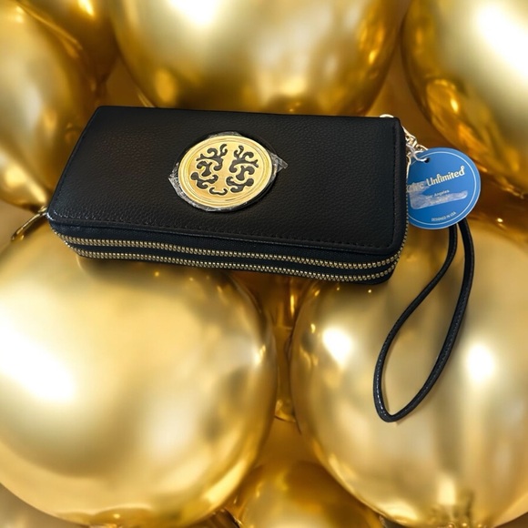Chic Unlimited Black & Gold Women's Double Zip New Wristlet - Picture 1 of 12